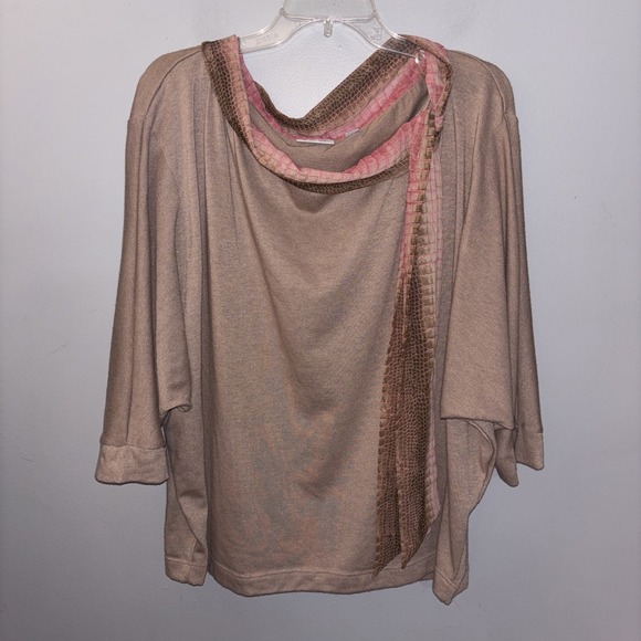 Sweet Pea Tops - Sweet Pea Women's Brown Top Collar Scarf Accent Size 2XL Boho Lagenlook Boxy